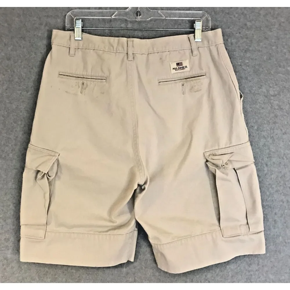 Polo Jeans Co Ralph Lauren Cargo Shorts Mens 33 Khaki Y2K Baggy Button Fly‎ READ